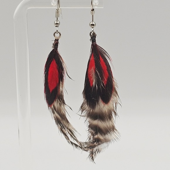 Unbranded Jewelry - Feather Dangle Earrings 4"+ Brown Red Grizzly Striped Boho Chic Tribal Western
